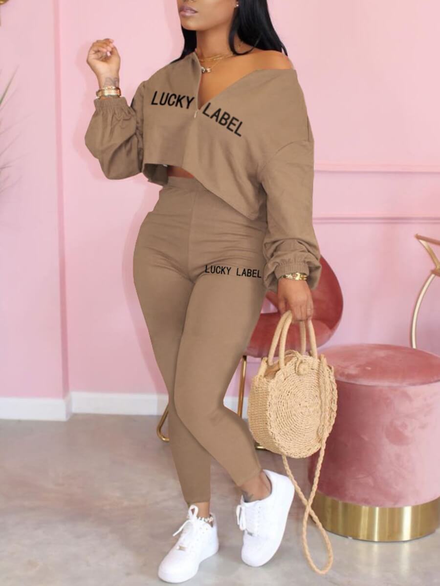 

Lovely Casual Dropped Shoulder Letter Print Khaki Two Piece Pants Set