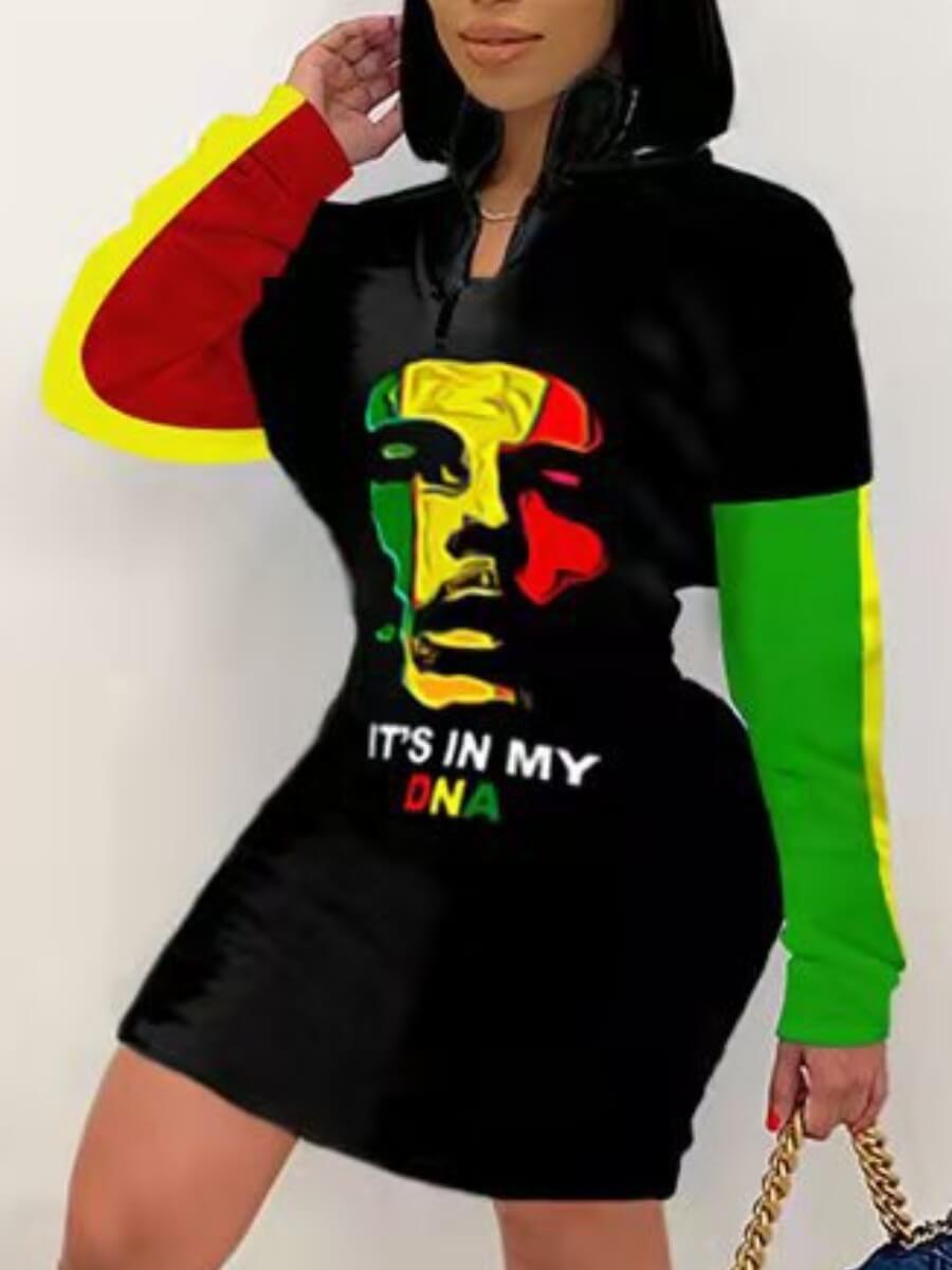 

Lovely Street Graffiti Letter Print Patchwork Black Mini Dress