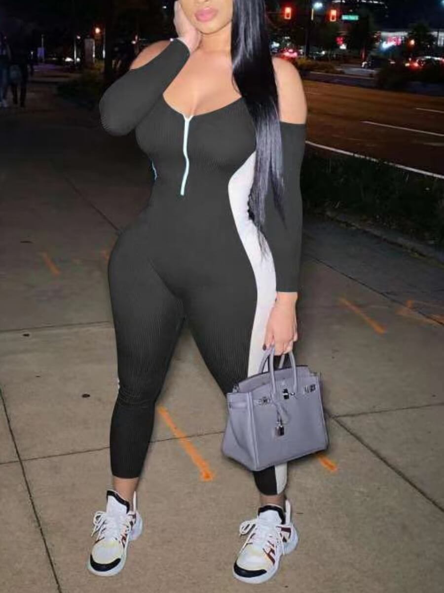 

Lovely Sportswear Off The Shoulder Striped Black One-piece Jumpsuit