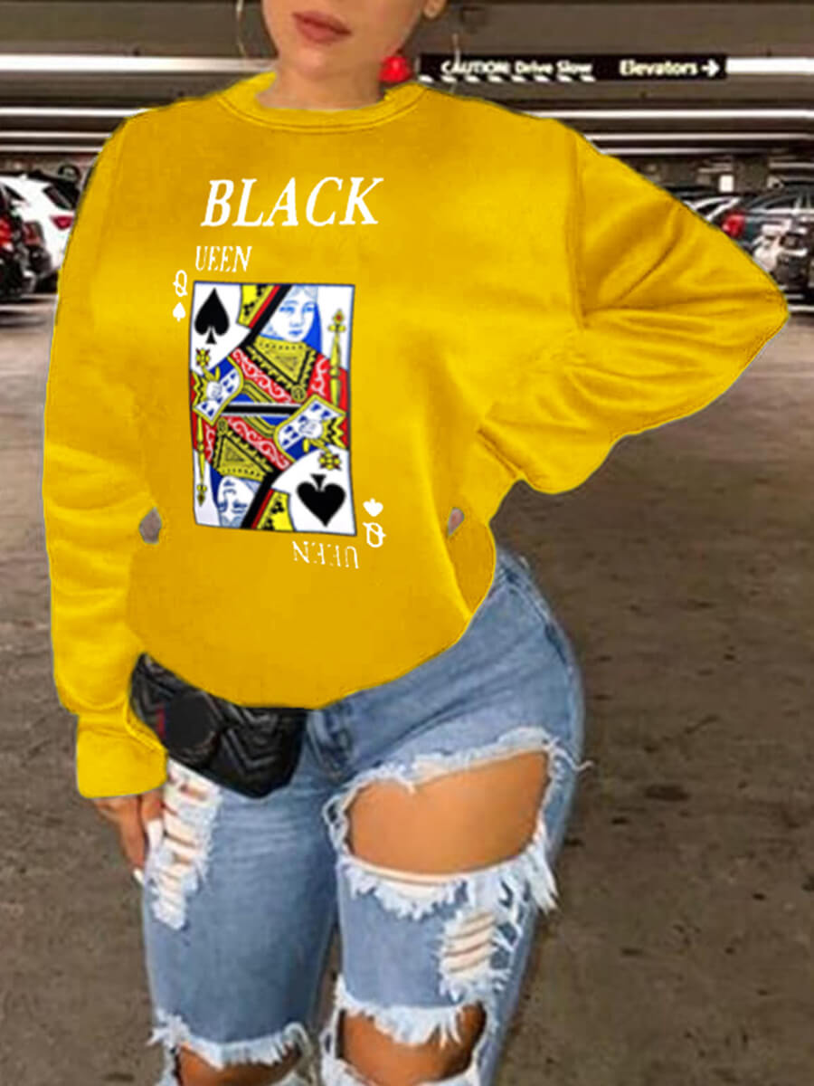 

Lovely Street Card Print Patchwork Yellow Hoodie
