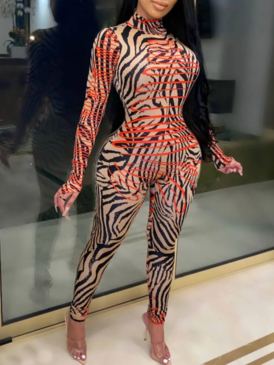 

Lovely Street Turtleneck Leopard Print Patchwork One-piece Jumpsuit