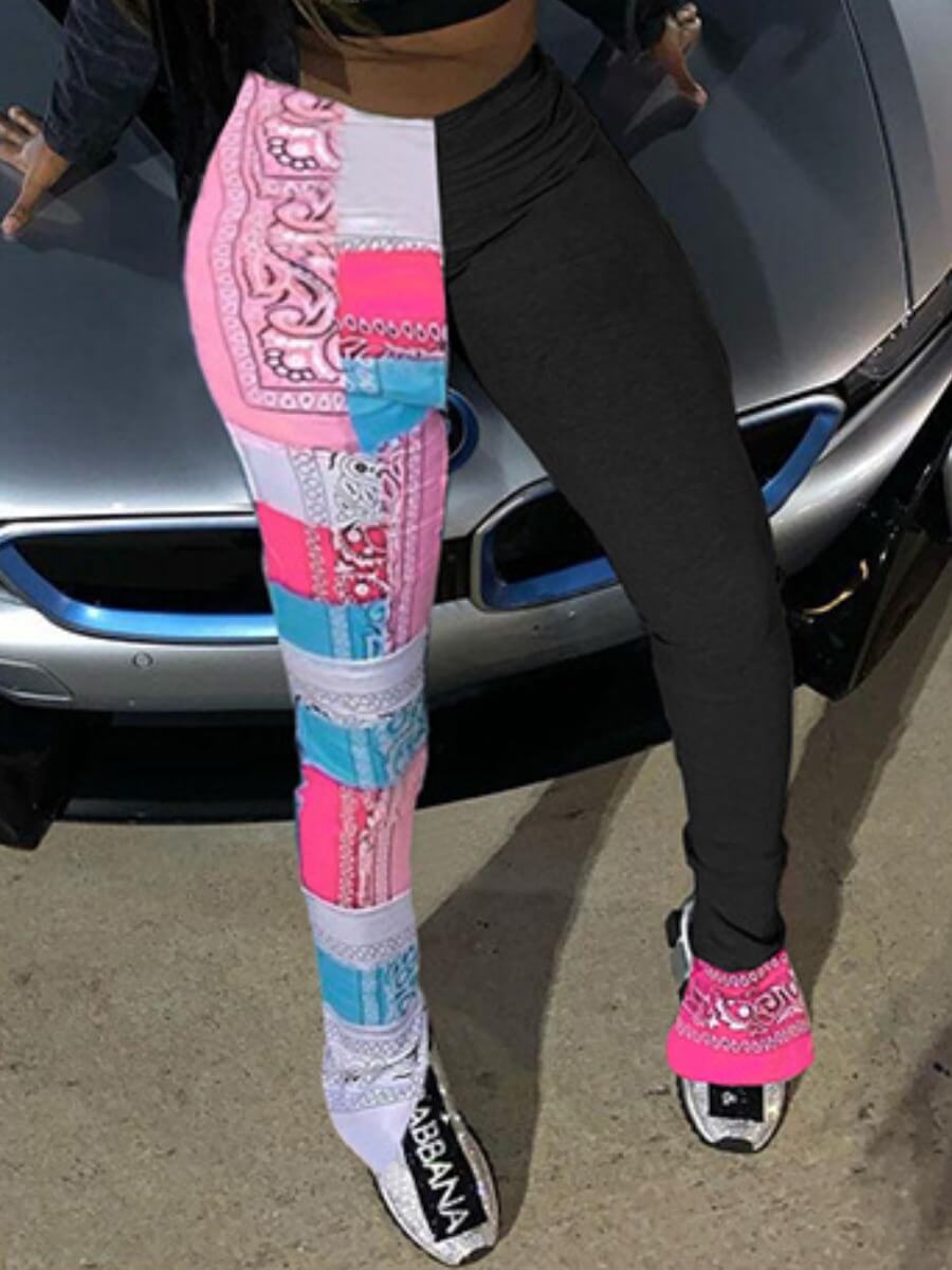 

Lovely Street Print Patchwork Side Slit Black Pants