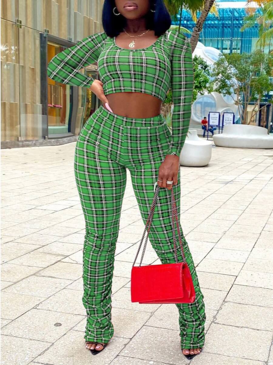 

Lovely Street Plaid Print Fold Design Green Two Piece Pants Set