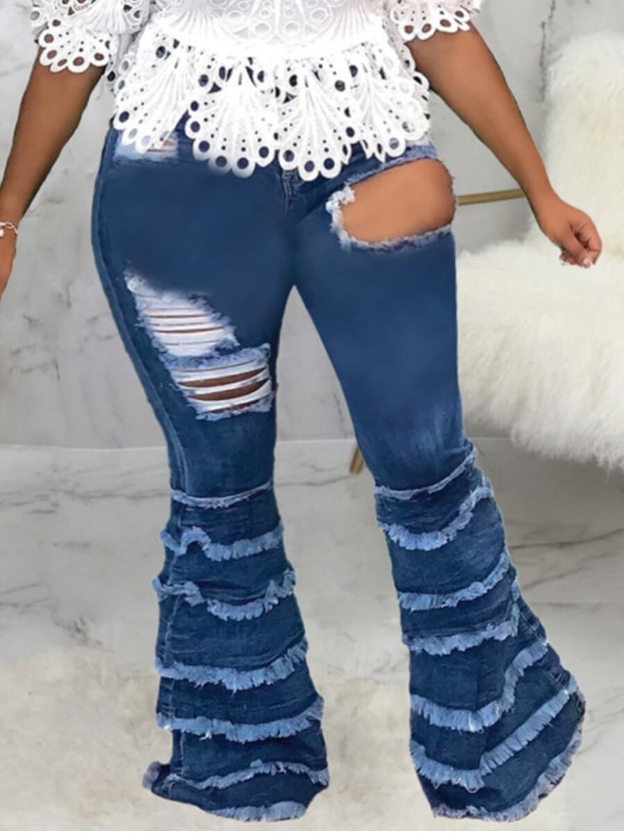 

Lovely Stylish Broken Holes Layered Cascading Deep Blue Plus Size Jeans