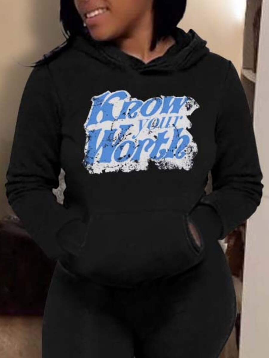 

Lovely Street Letter Print Kangaroo Pocket Black Hoodie