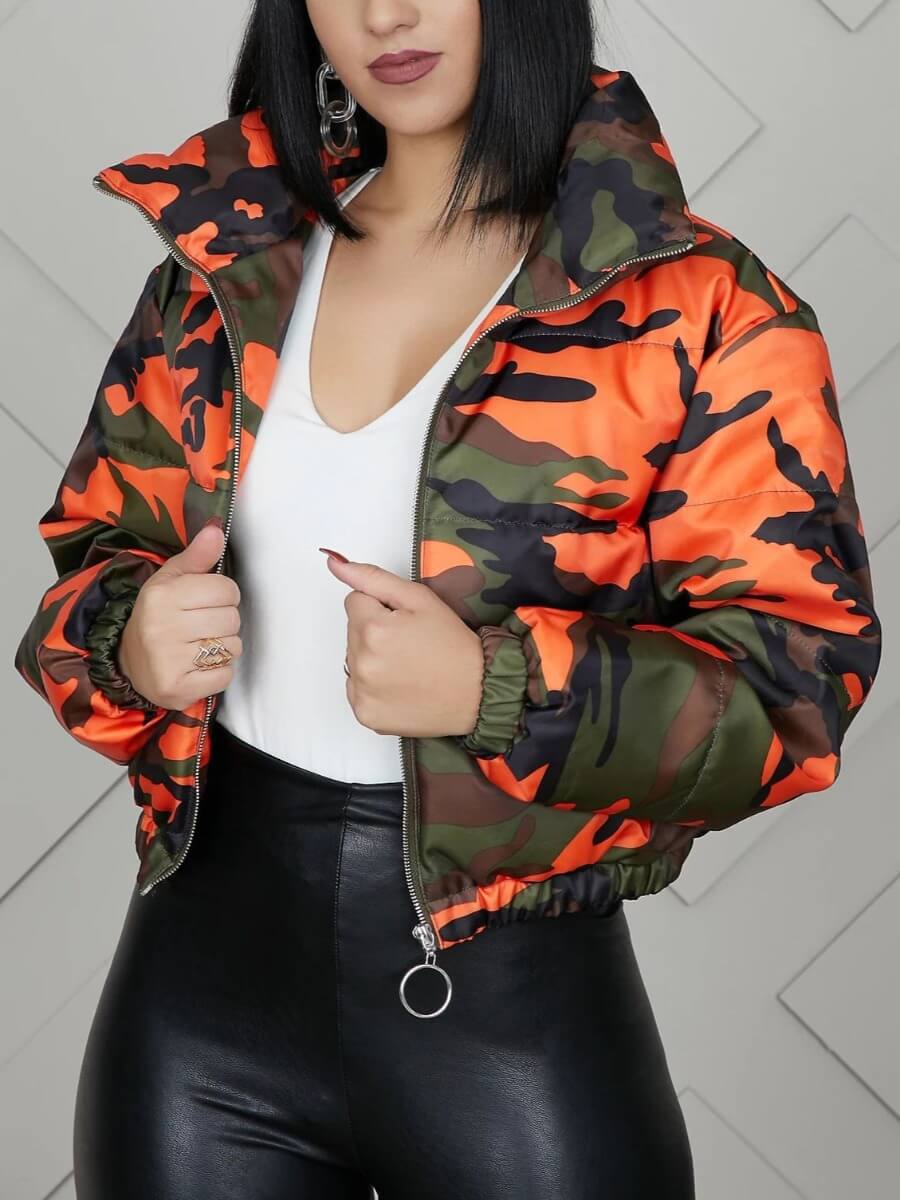 

Lovely Trendy Camo Print Patchwork Orange Parka, Orange camouflage