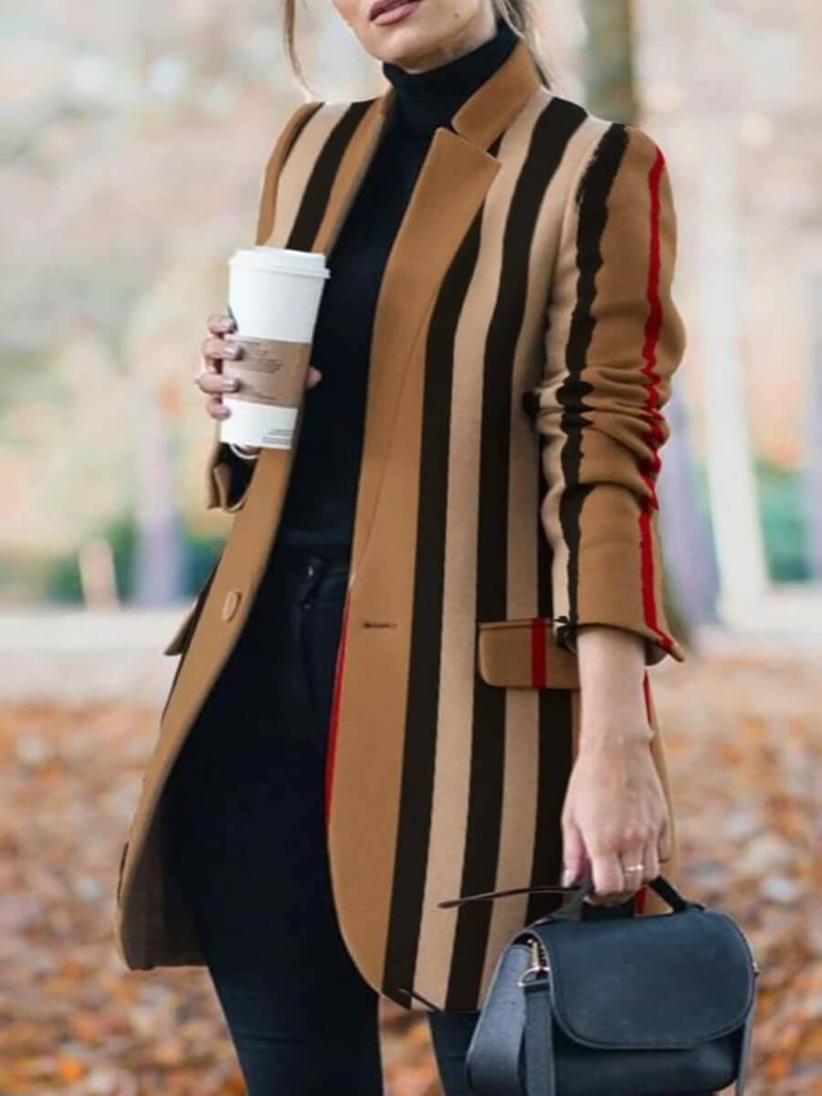 

Lovely Plus Size Formal Striped Patchwork Pocket Design Coat, Stripe