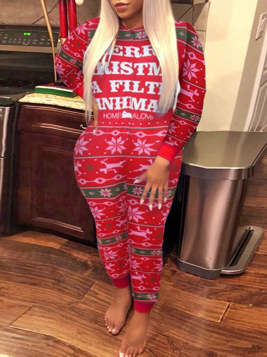 

Lovely Trendy Christmas Day Letter Print Red One-piece Jumpsuit