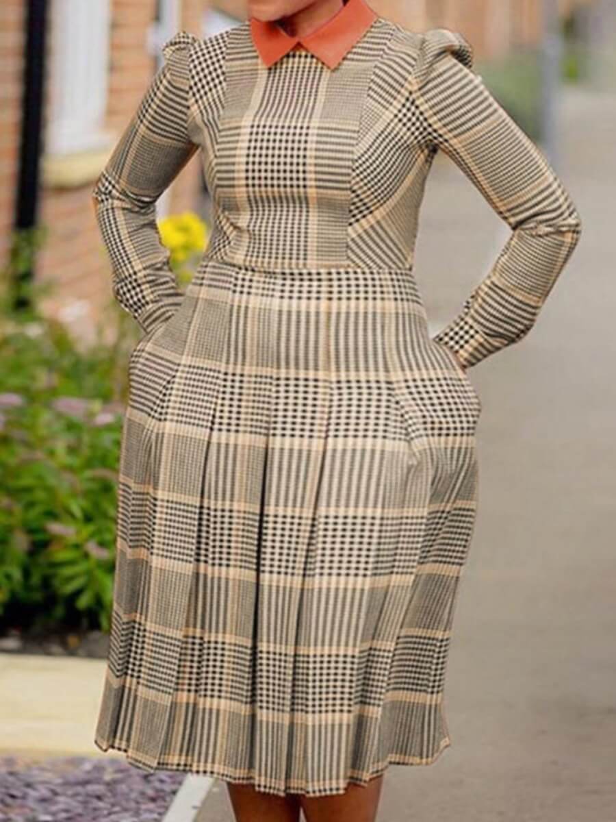 

Lovely Formal Plaid Print Pleated Design Brown Mid Calf Plus Size Dress