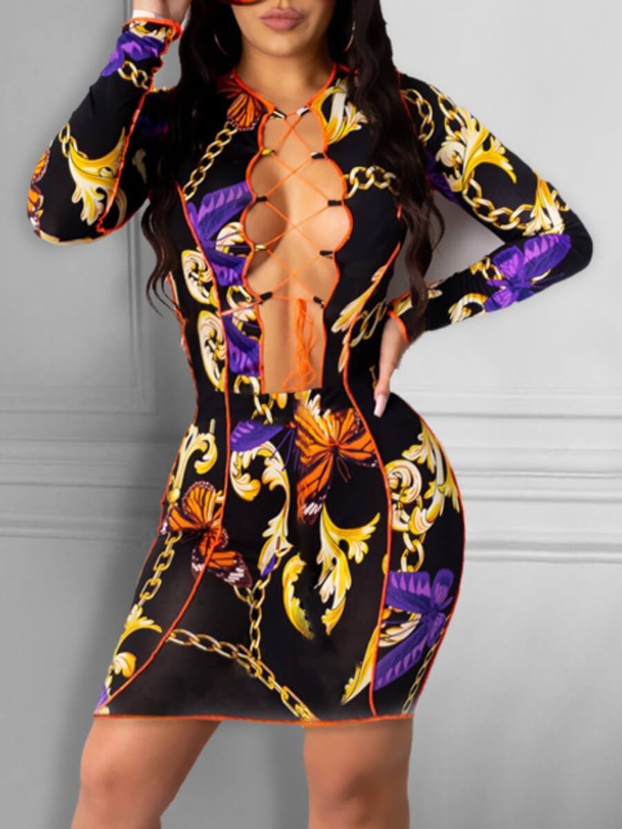 

Lovely Sexy Print Hollow-out Black Knee Length Dress