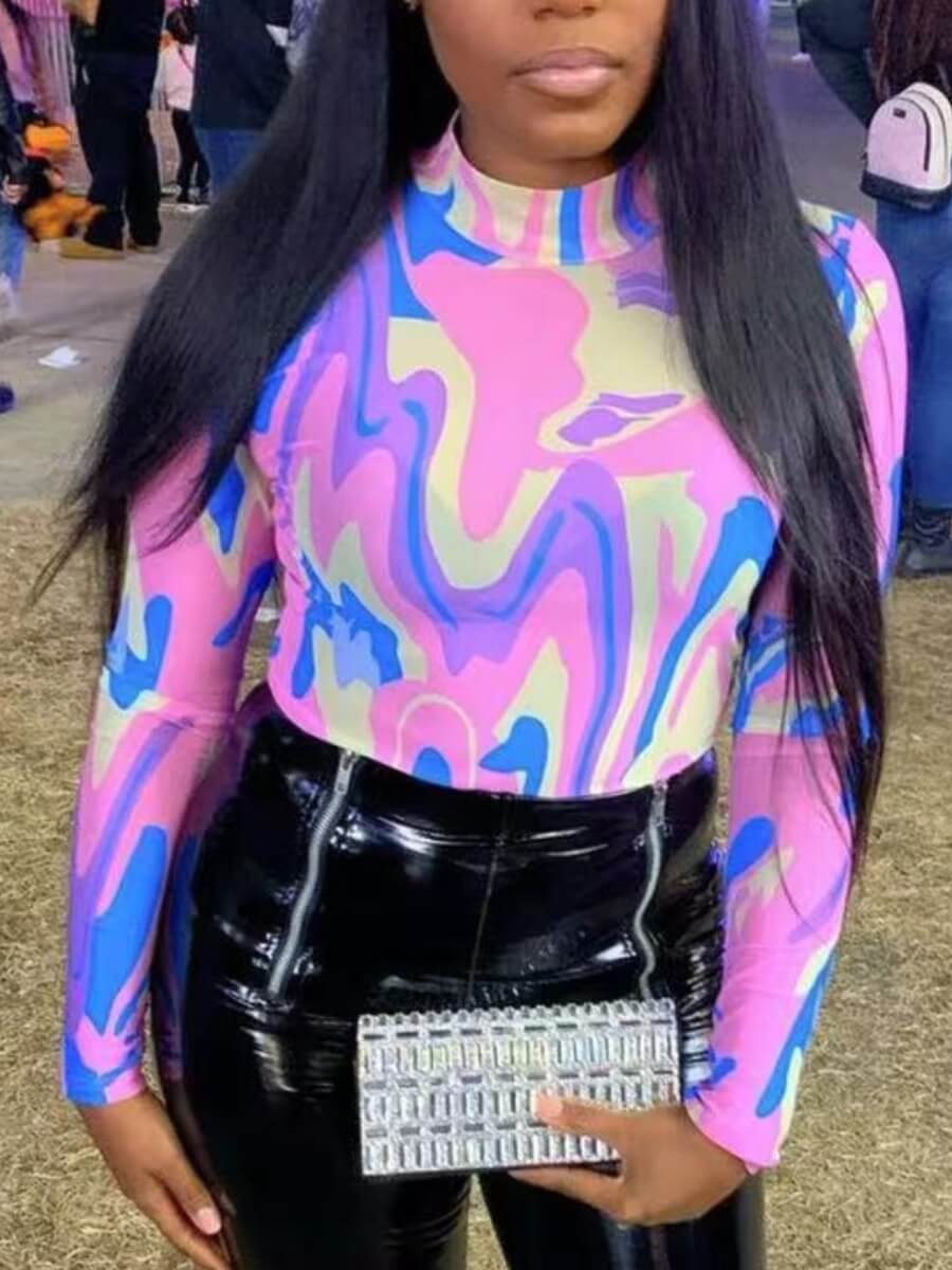 

Lovely Street O Neck Print Pink Bodysuit