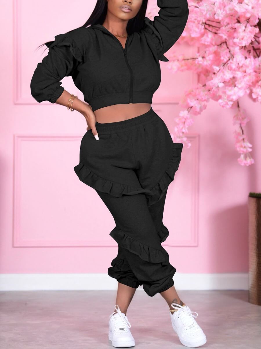 

Lovely Sportswear Hooded Collar Ruffle Design Black Two Piece Pants Set