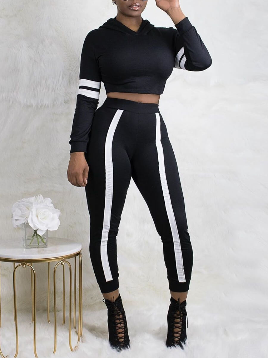 

Lovely Sportswear Hooded Collar Patchwork Black Two Piece Pants Set