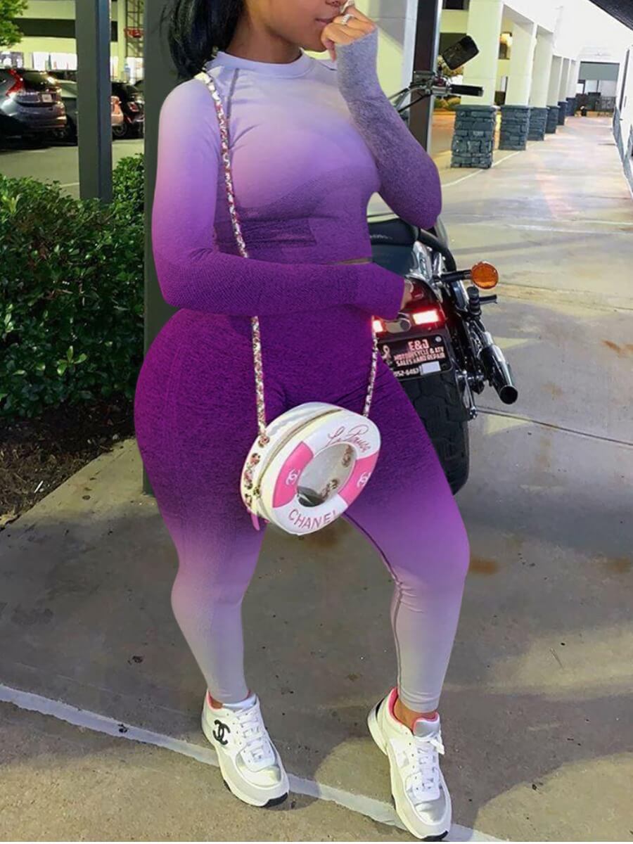 

Lovely Trendy O Neck Gradient Purple Plus Size Two-piece Pants Set
