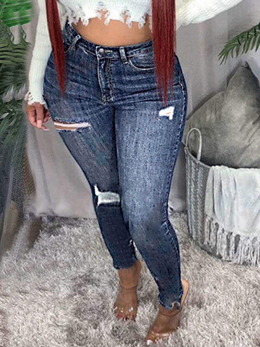 

Lovely Street Broken Holes Raw Edge Baby Blue Jeans