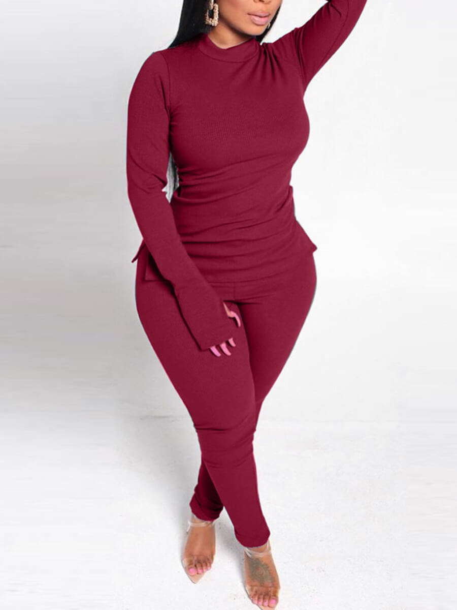 

Lovely Casual Turtleneck Skinny Red Plus Size Two-piece Pants Set