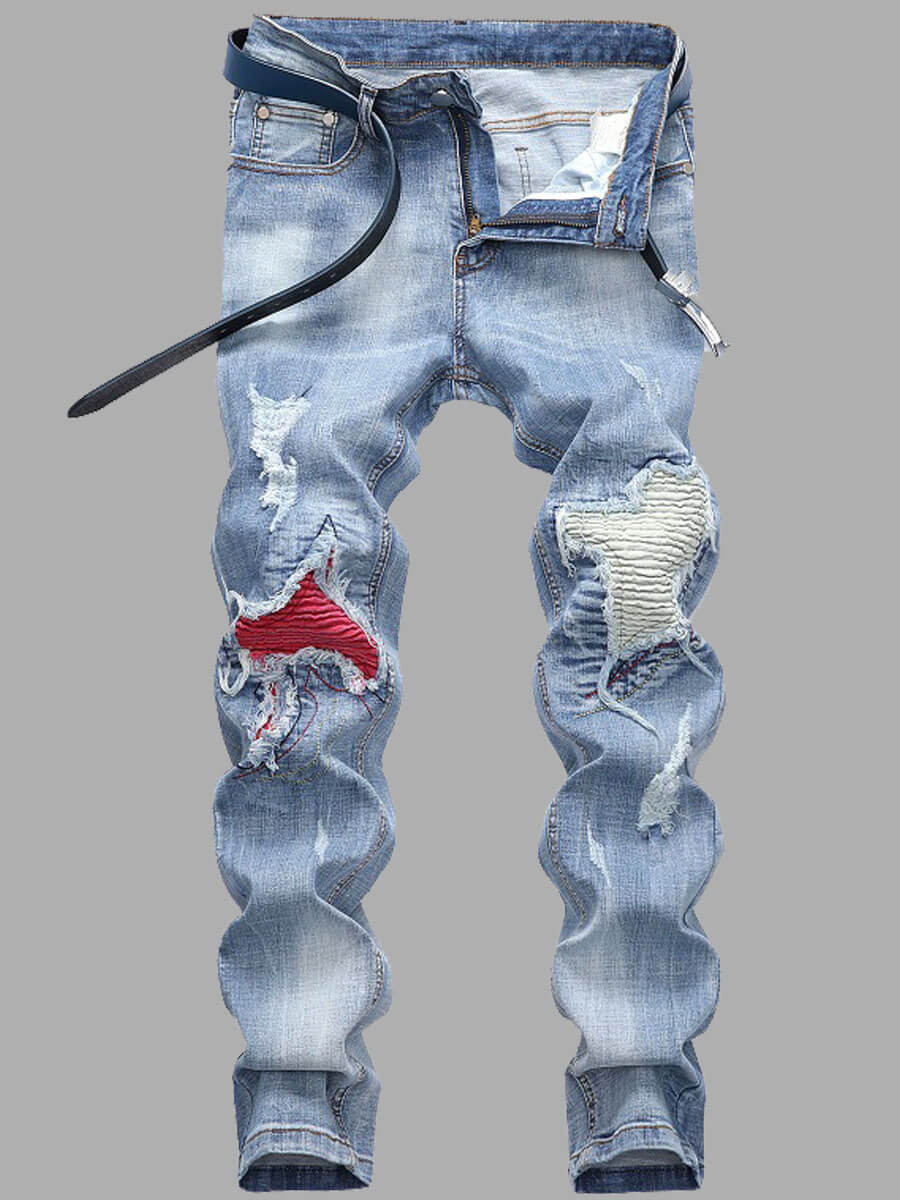 

LW Men Street Color-lump Patchwork Baby Blue Jeans