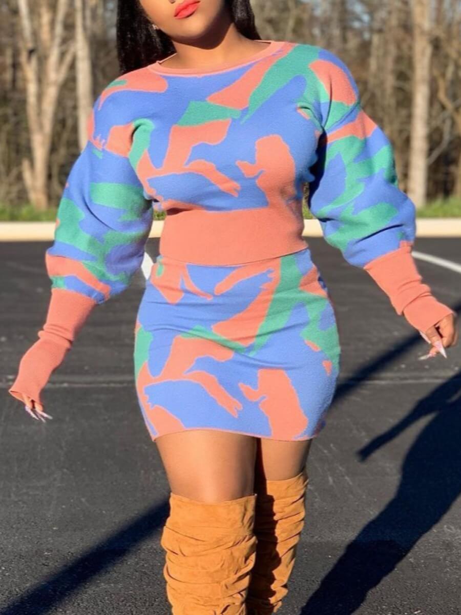 

Lovely Casual O Neck Camo Print Blue Two Piece Skirt Set