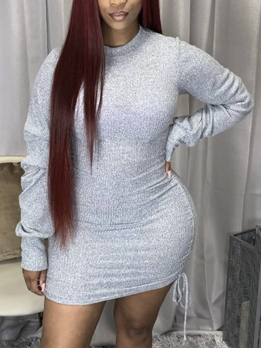 

Lovely Casual O Neck Drawstring Grey Mini Dress