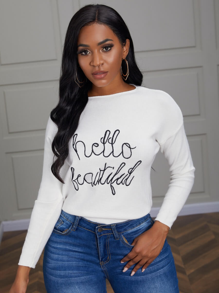 

Lovely Sweet Dropped Shoulder Letter Print White Sweater