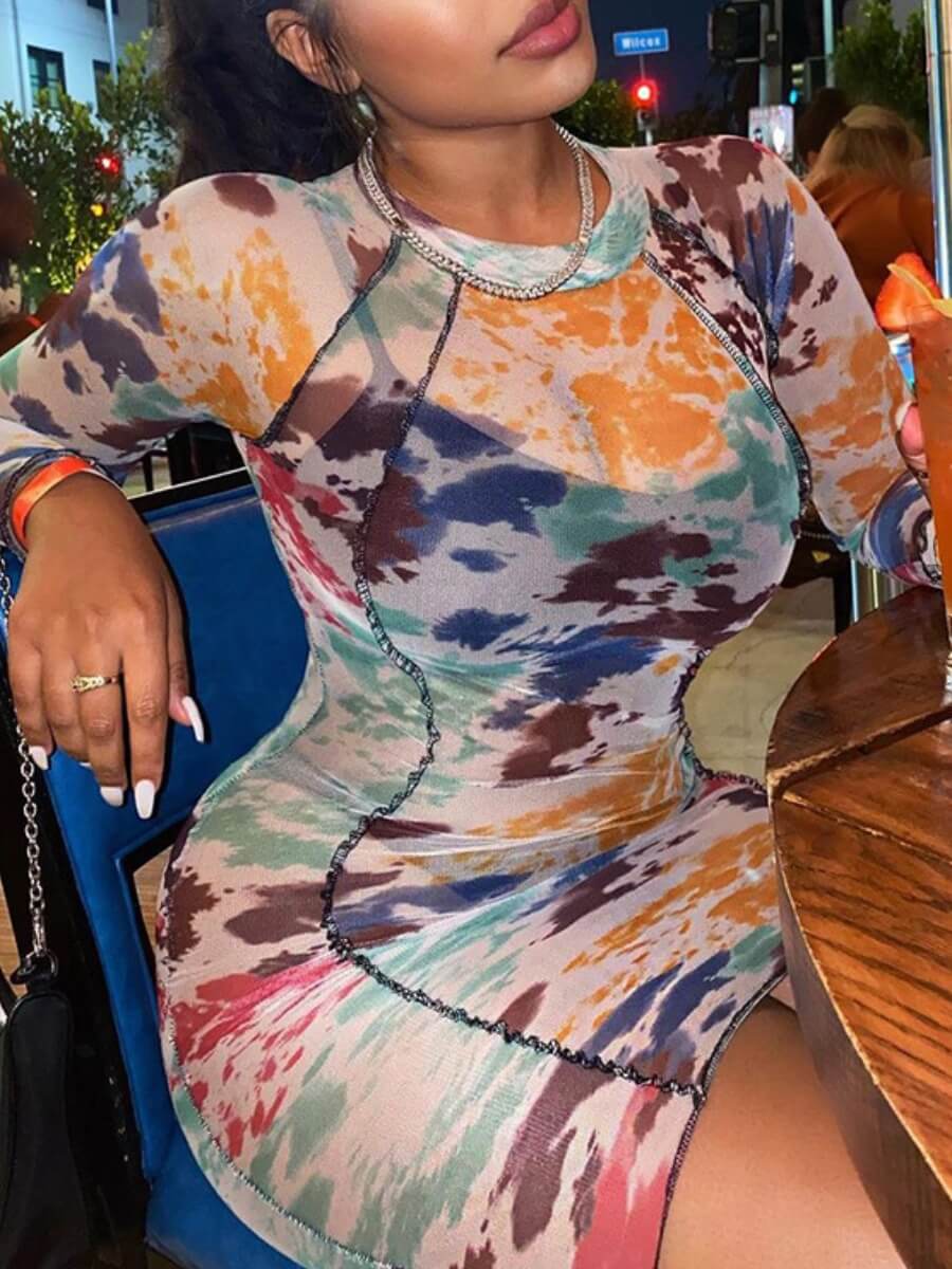 

Lovely Party See-through Camo Print Patchwork Multicolor Mini Dress, Multi