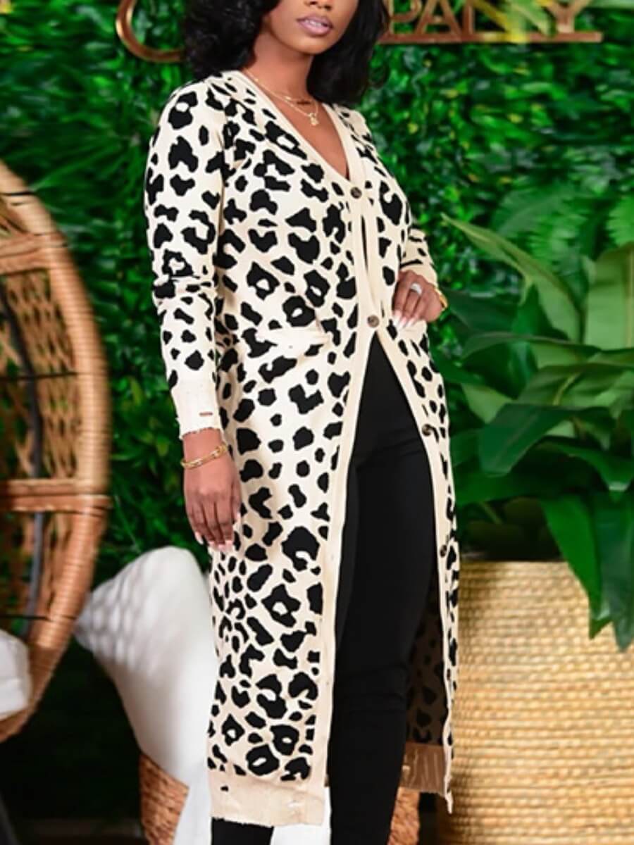 

Lovely Casual Leopard Print Button Design White Plus Size Coat