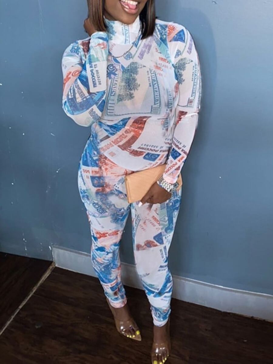 

Lovely Street Money Print Patchwork Blue One-piece Jumpsuit