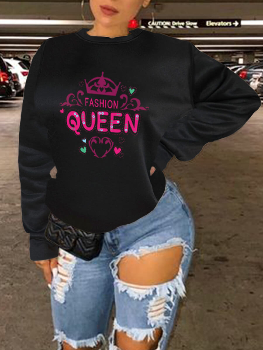 

Lovely Street Letter Print Loose Black Hoodie