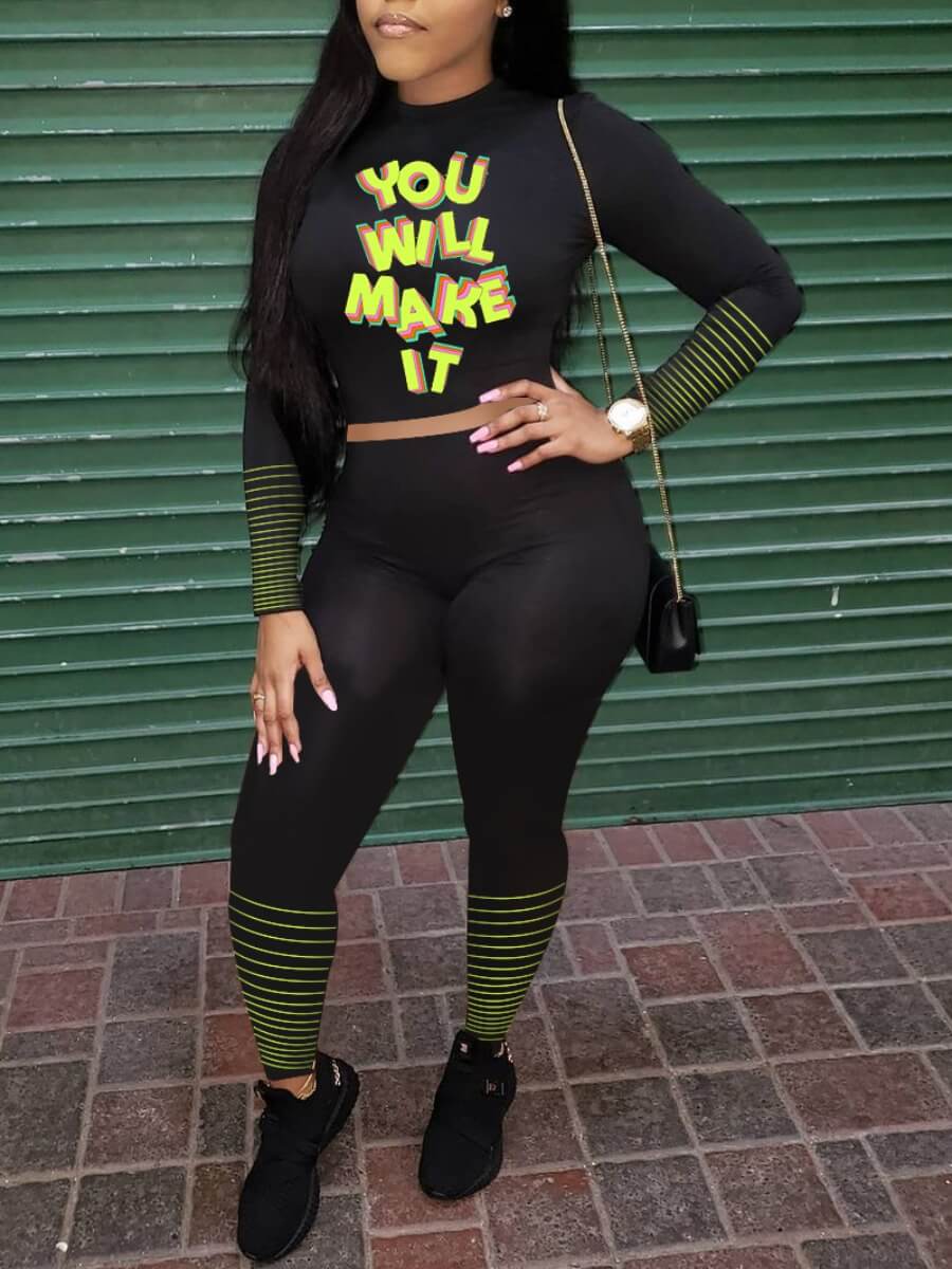 

Lovely Street Striped Letter Print Black Two Piece Pants Set