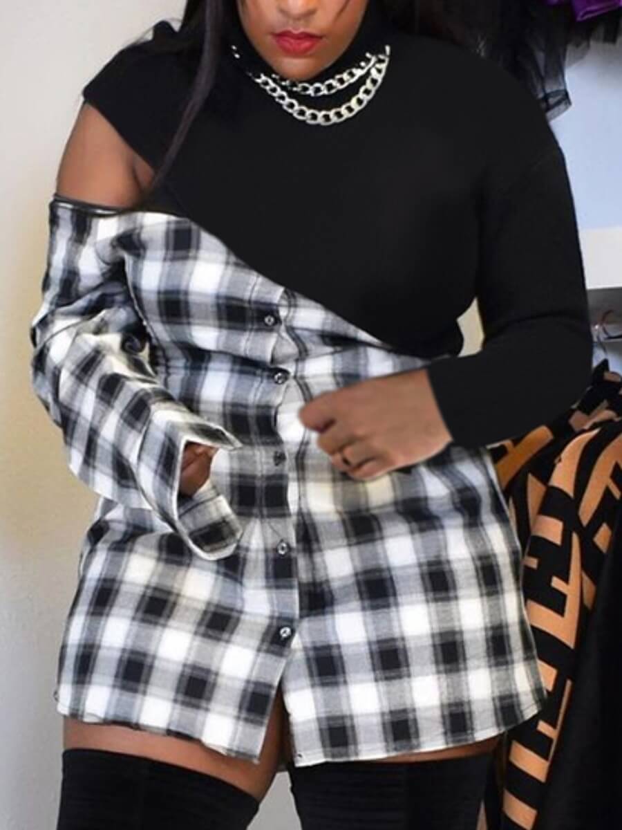 

Lovely Street Plaid Print Hollow-out Patchwork Black Mini Dress