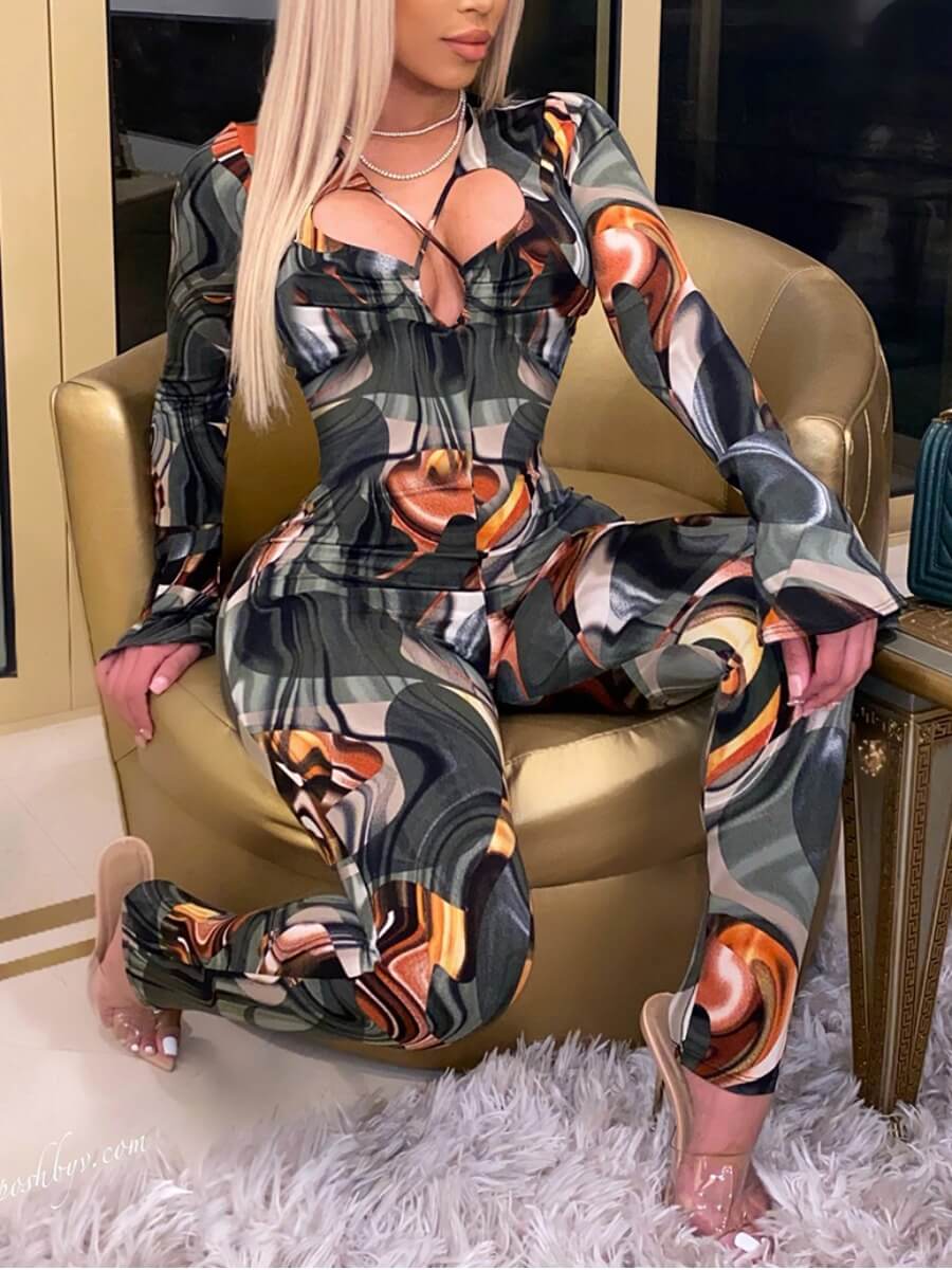 

Lovely Sexy Hollow-out Print Patchwork Black Green One-piece Jumpsuit