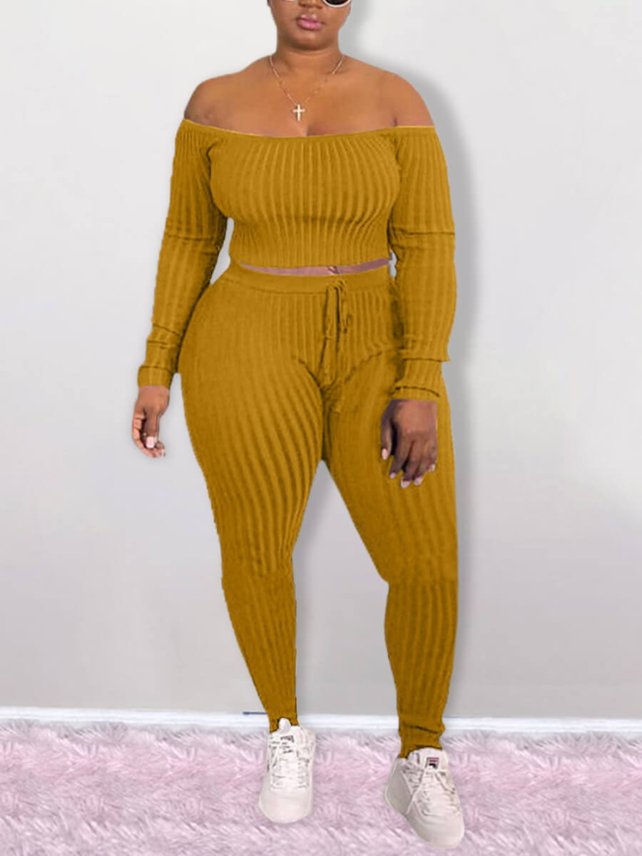 

Lovely Casual Dew Shoulder Skinny Yellow Plus Size Two-piece Pants Set