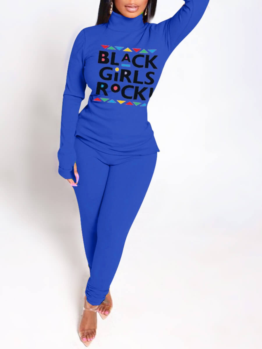 

Lovely Casual Turtleneck Letter Print Deep Blue Plus Size Two-piece Pants Se