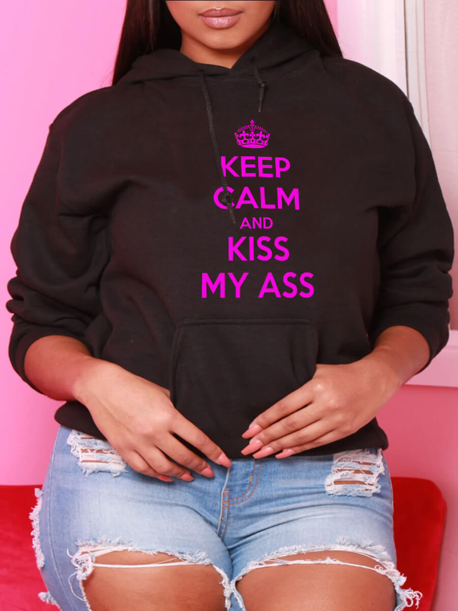 

Lovely Street Letter Print Kangaroo Pocket Black Plus Size Hoodie