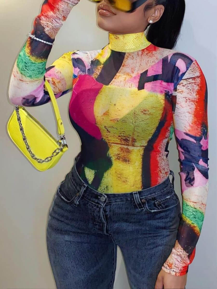 

LW Plus Size Street Turtleneck Color-lump Print Multicolor T-shirt, Multi