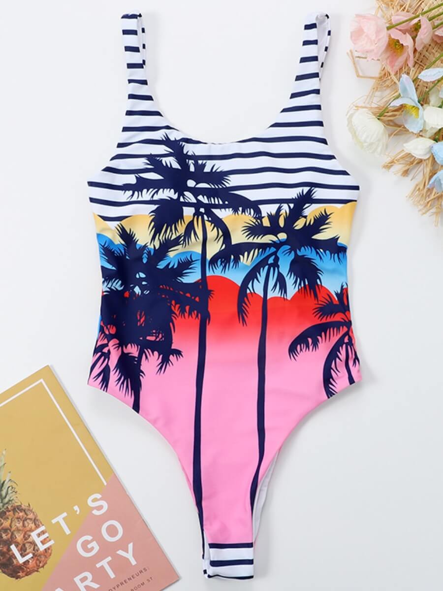 

Lovely Trendy Striped Palm Tree Print Pink One-piece Swimsuit