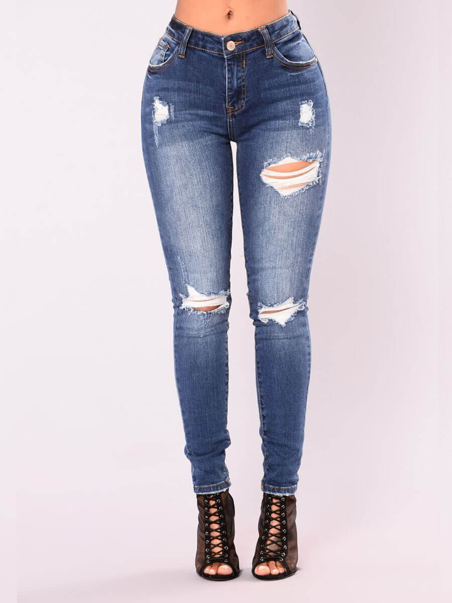 

Lovely Trendy High-waisted Broken Holes Blue Jeans