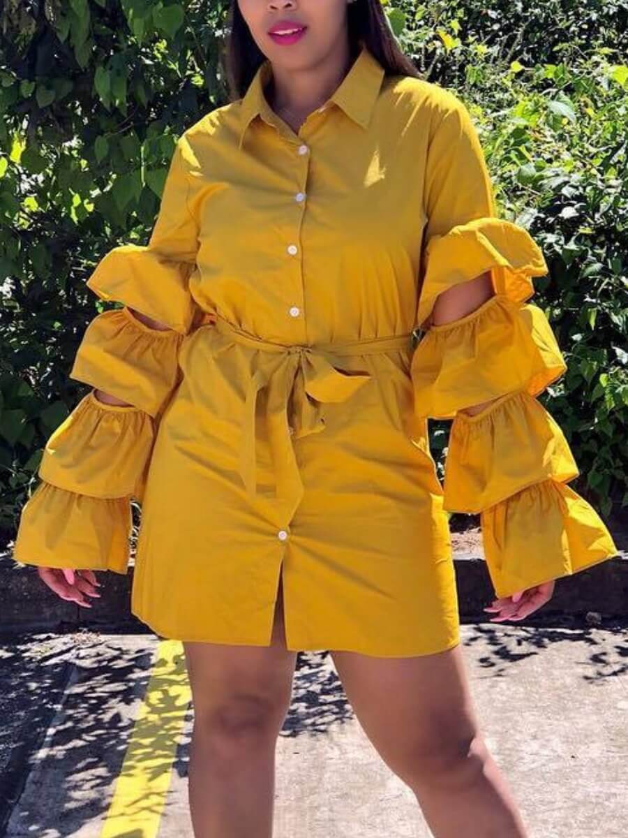 

Lovely Stylish Lace-up Layered Cascading Hollow-out Yellow Mini Dress