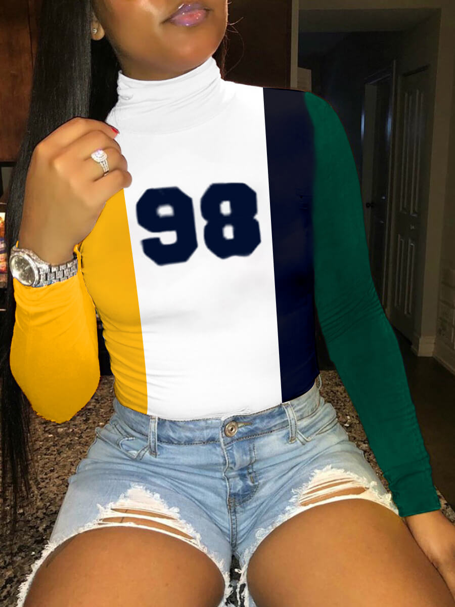 

LW BASICS Street Turtleneck Print Patchwork White T-shirt