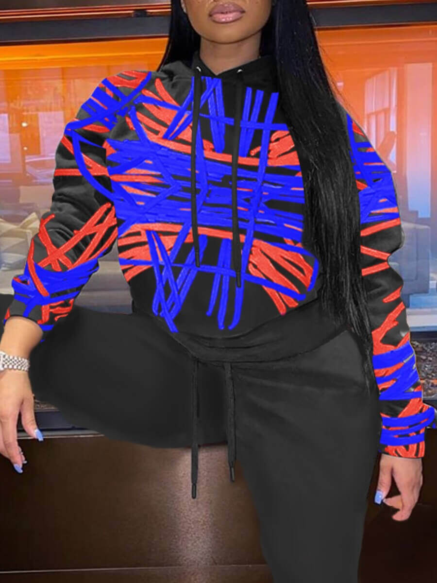 

Lovely Stylish Hooded Collar Print Blue Plus Size Hoodie