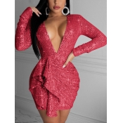 Lovely Sexy Deep V Neck Flounce Design Red Mini Dr