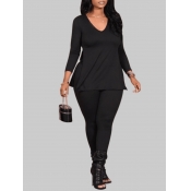 Lovely Casual V Neck Long Sleeve Black Plus Size T