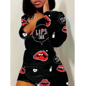 LW BASICS Casual V Neck Print Black One-piece Romp