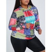Lovely Trendy Hooded Collar Print Red Plus Size Ho