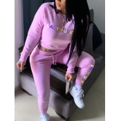 Lovely Casual O Neck Letter Print Purple Two Piece