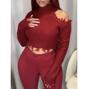 Lovely Stylish Turtleneck Hollow-out Wine Red Swea