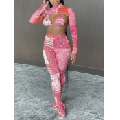 Lovely Sexy Turtleneck Print Hollow-out Pink Two P