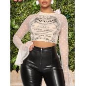 Lovely Street Letter Print See-through Flare Sleev