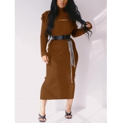 Lovely Casual Lantern Sleeve Back Slit Brown Two P
