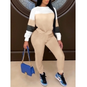 Lovely Casual O Neck Color Block Patchwork Apricot